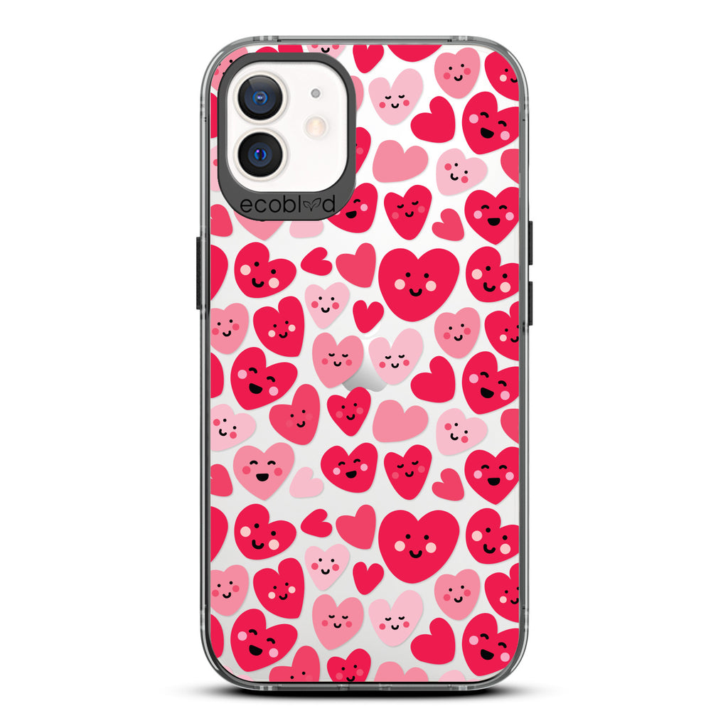  Love Collection - Black Compostable iPhone 12 / 12 Pro Case - Pink & Red Smiling Cartoon Hearts On A Clear Back
