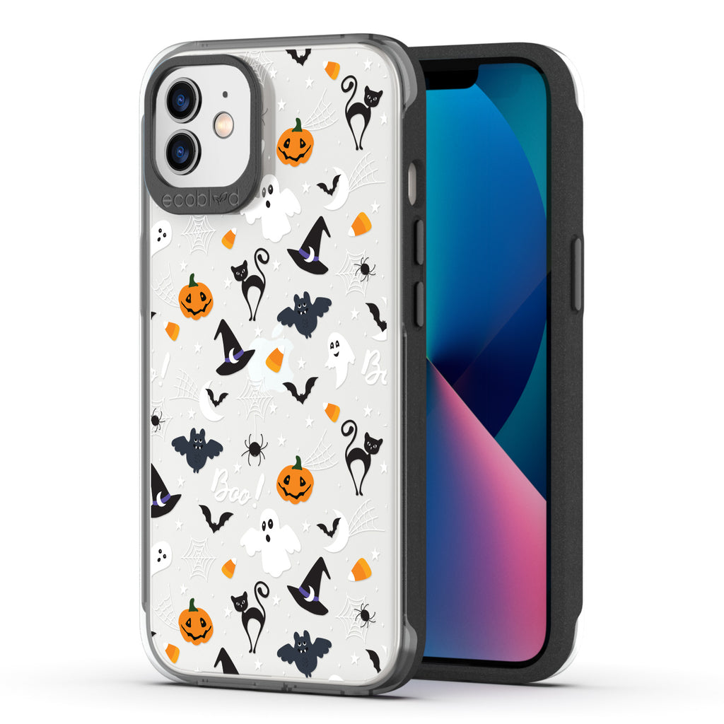 Halloween Collection - Yellow Laguna iPhone 12 / 12 Pro Case With Spiders, Ghosts & Other Spooky Characters On A Clear Back 