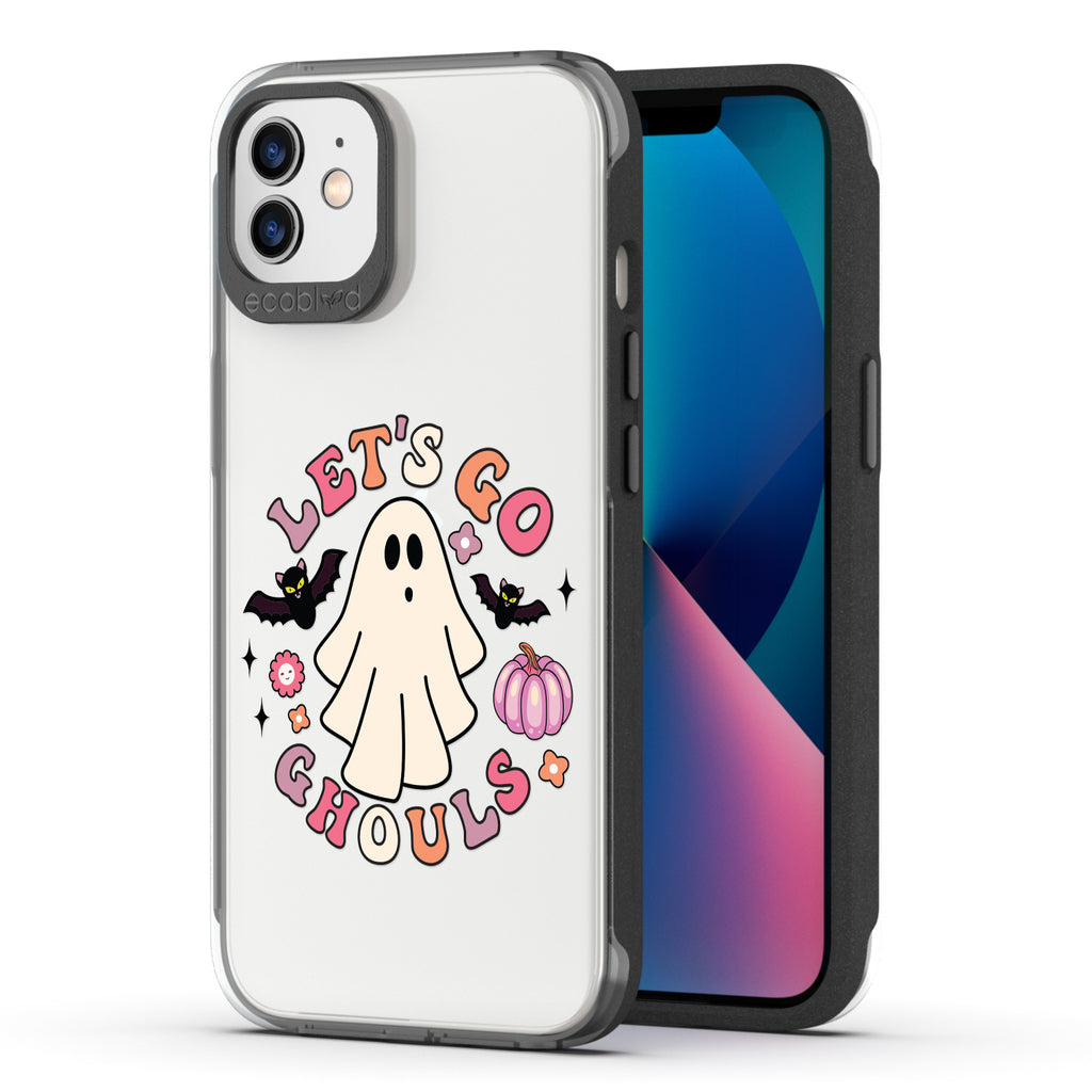 Back View Of The Black Laguna Halloween  iPhone 12 / 12 Pro Case With The Let's Go Ghouls Design & Front View Of The Screen