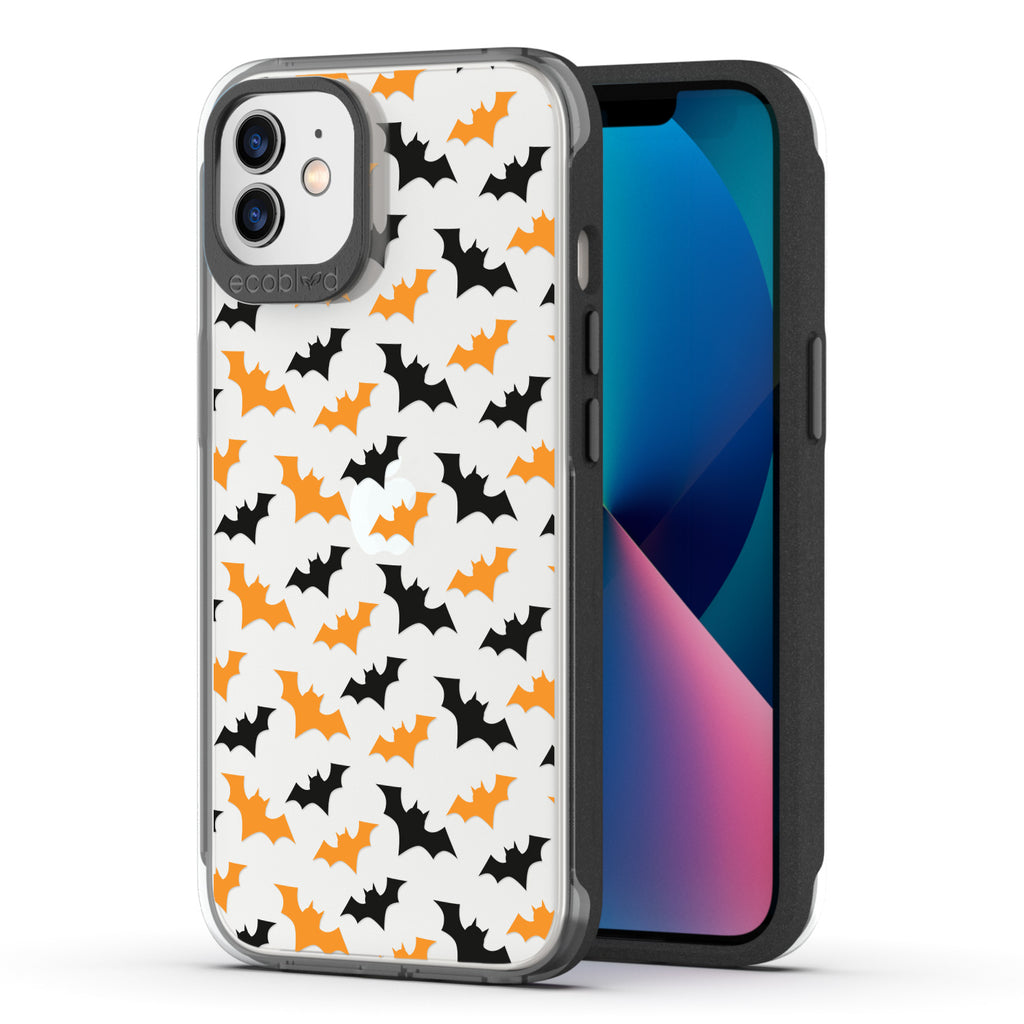 Back View Of Black iPhone 12 / 12 Pro Halloween Laguna Case With The Going Batty Design & Front View Of The Screen