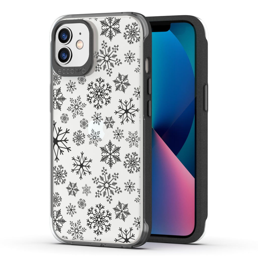 Back View Of Eco-Friendly Black Phone 12 / 12 Pro Winter Laguna Case With The Let It Snow Design & Front View Of The Screen