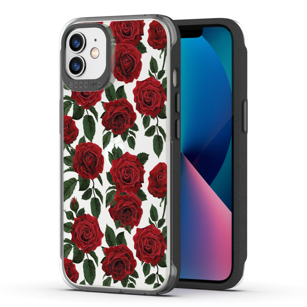 Back View Of Black Eco-Friendly iPhone 12 / 12 Pro Clear Case With The Smell The Roses Design & Front View Of Screen