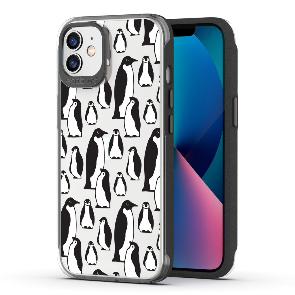 Back View Of Eco-Friendly Black iPhone 12 / 12 Pro Winter Laguna Case With The Penguins Design & Front View Of The Screen