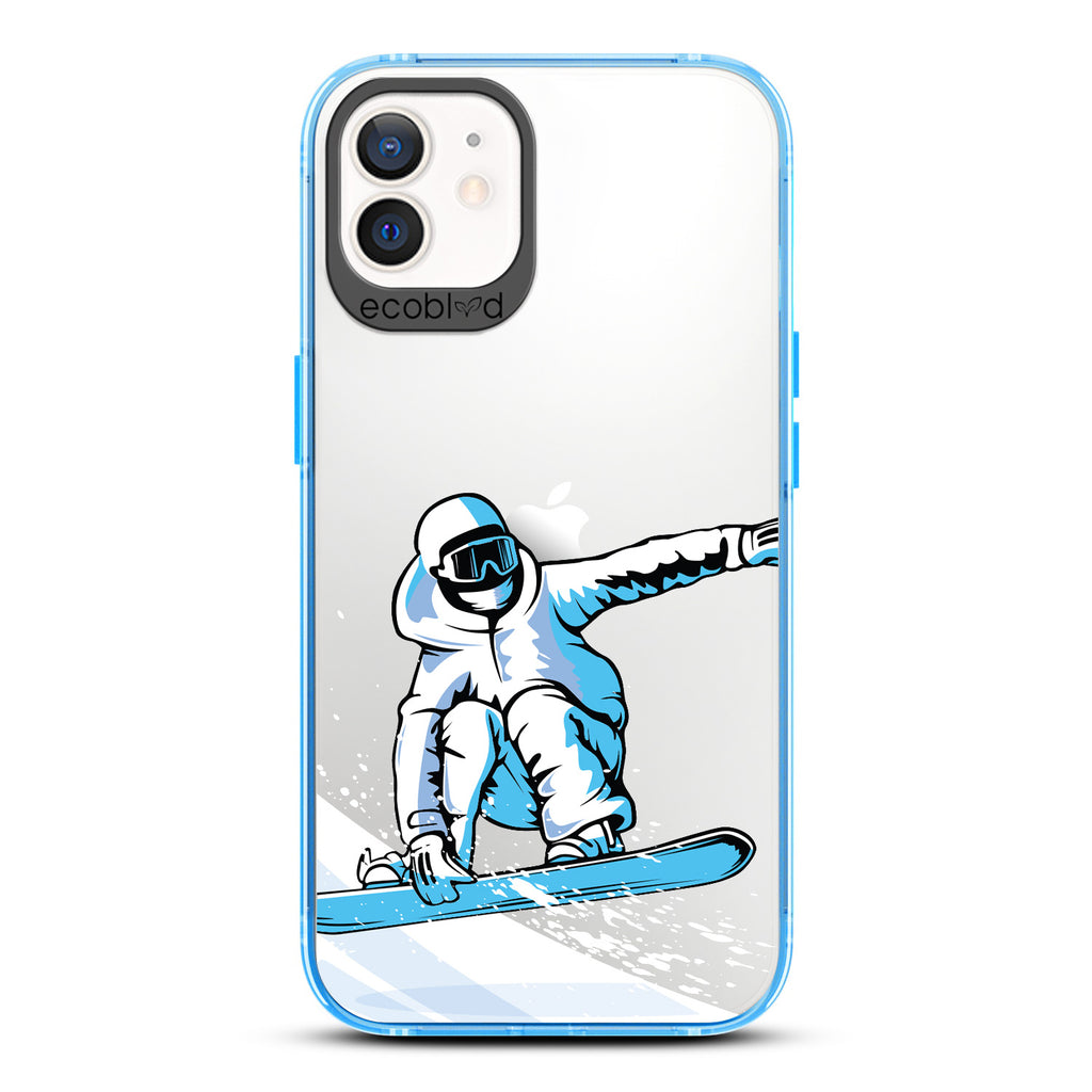 Winter Collection - Blue Eco-Friendly iPhone 12 / 12 Pro Case - A Snowboarder Jumps While Holding The Board On A Clear Back