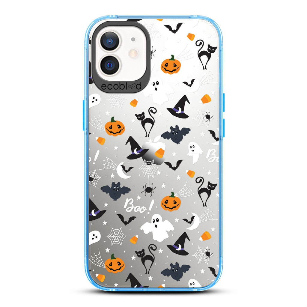 Halloween Collection - Blue Laguna iPhone 12 / 12 Pro Case With Spiders, Ghosts & Other Spooky Characters On A Clear Back 