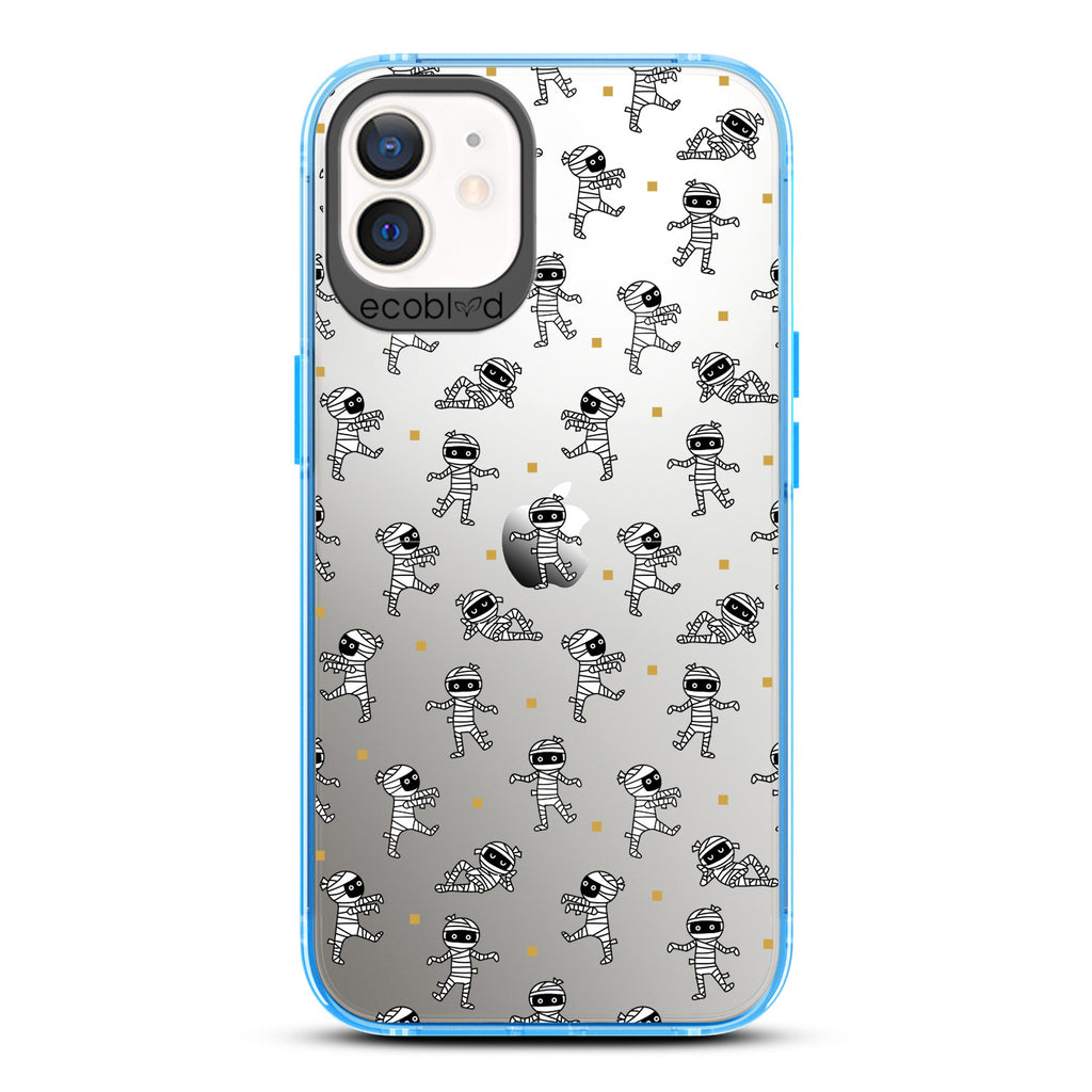 Halloween Collection - Blue Laguna iPhone 12 / 12 Pro Case With Multiple Cartoon Mummies Walking & Laying On A Clear Back