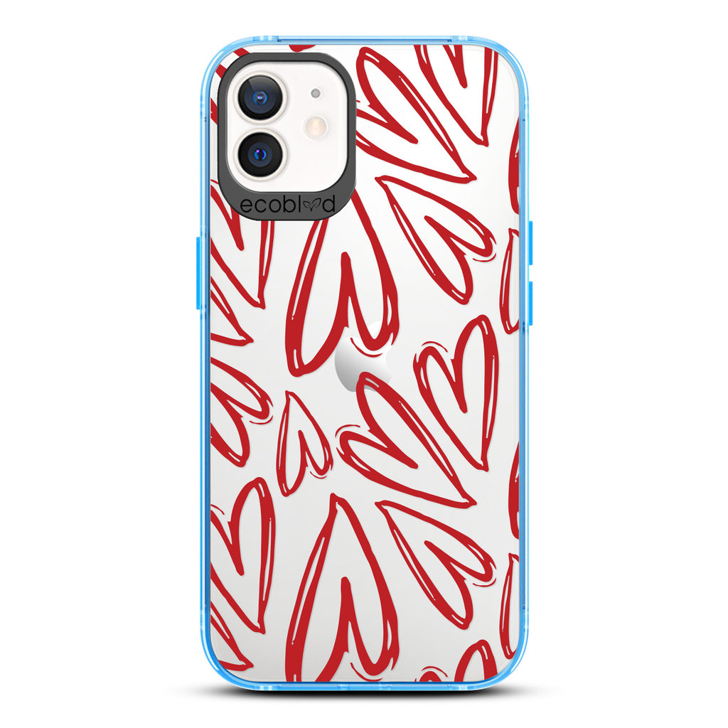Love Collection -  Blue Compostable iPhone 12 / 12 Pro Case - Painted / Sketched Red Hearts On A Clear Back
