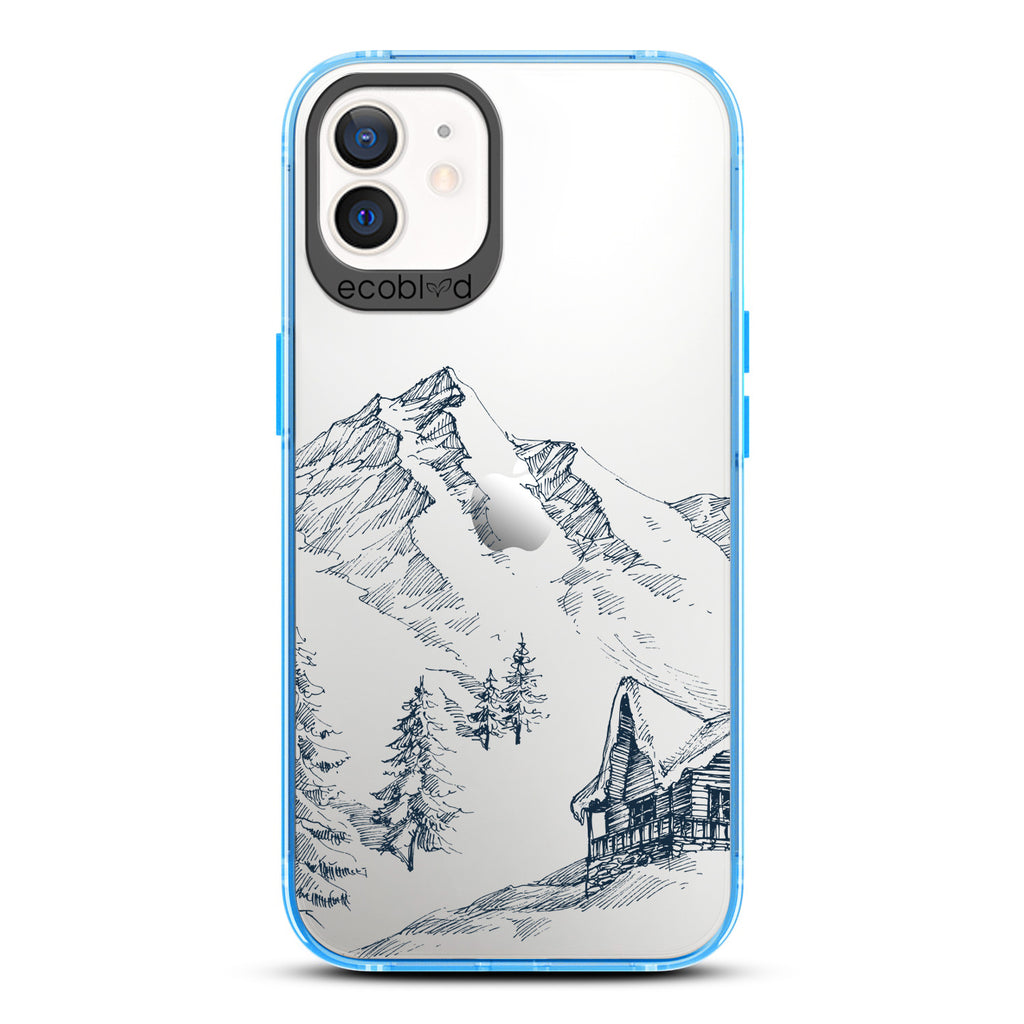 Winter Collection - Blue Compostable iPhone 12 & 12 Pro Case - Snowy Mountainside Wood Cabin On A Clear Back