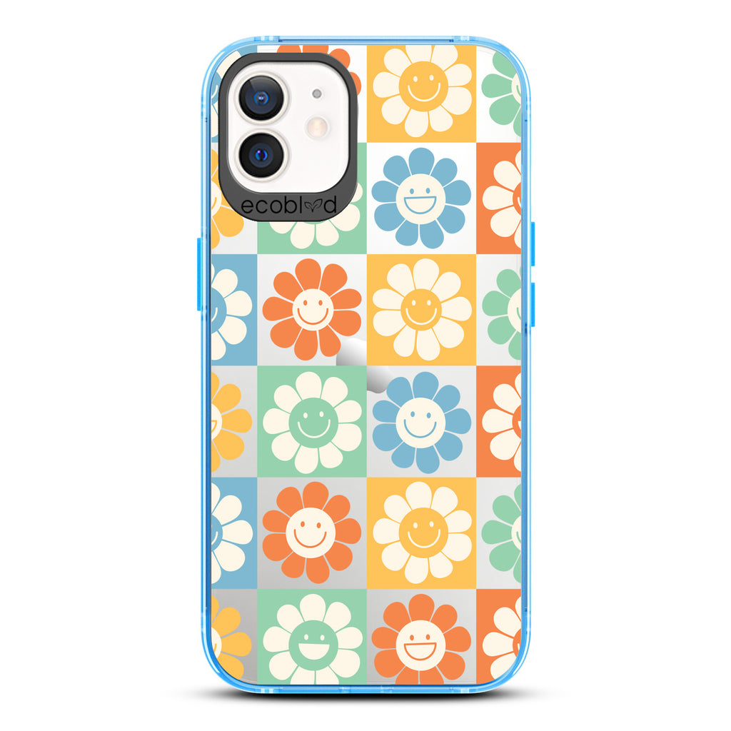Spring Collection - Blue Compostable iPhone 12/12 Pro Case - 70's Gingham Cartoon Flowers W/ Smiley Faces On A Clear Back