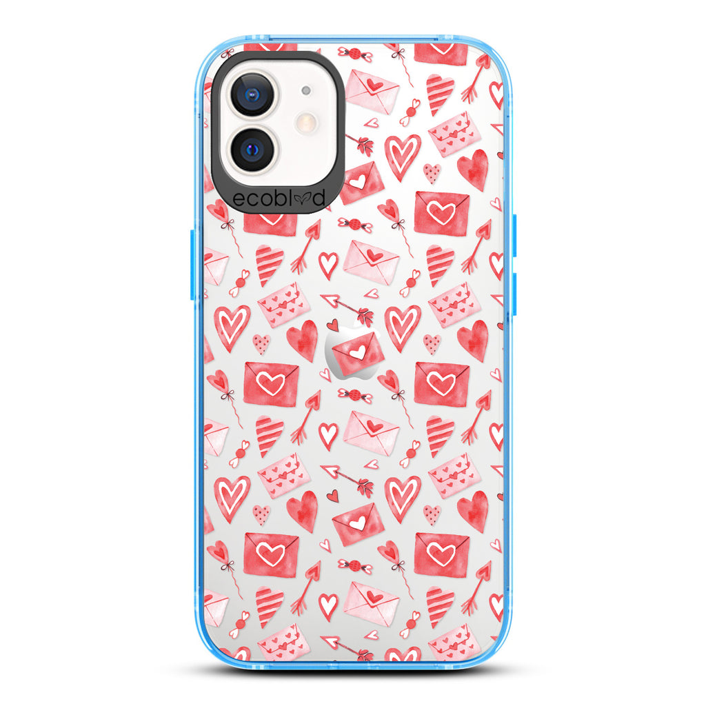 Love Collection - Blue Compostable iPhone 12 / 12 Pro Case - Red & Pink Love Letter Envelopes, Hearts & Arrows On Clear Back