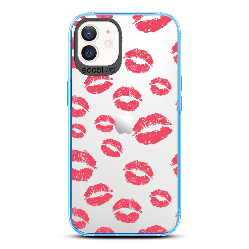 Love Collection - Blue Compostable iPhone 12 / 12 Pro Case - Multiple Red Lipstick Kisses On A Clear Back
