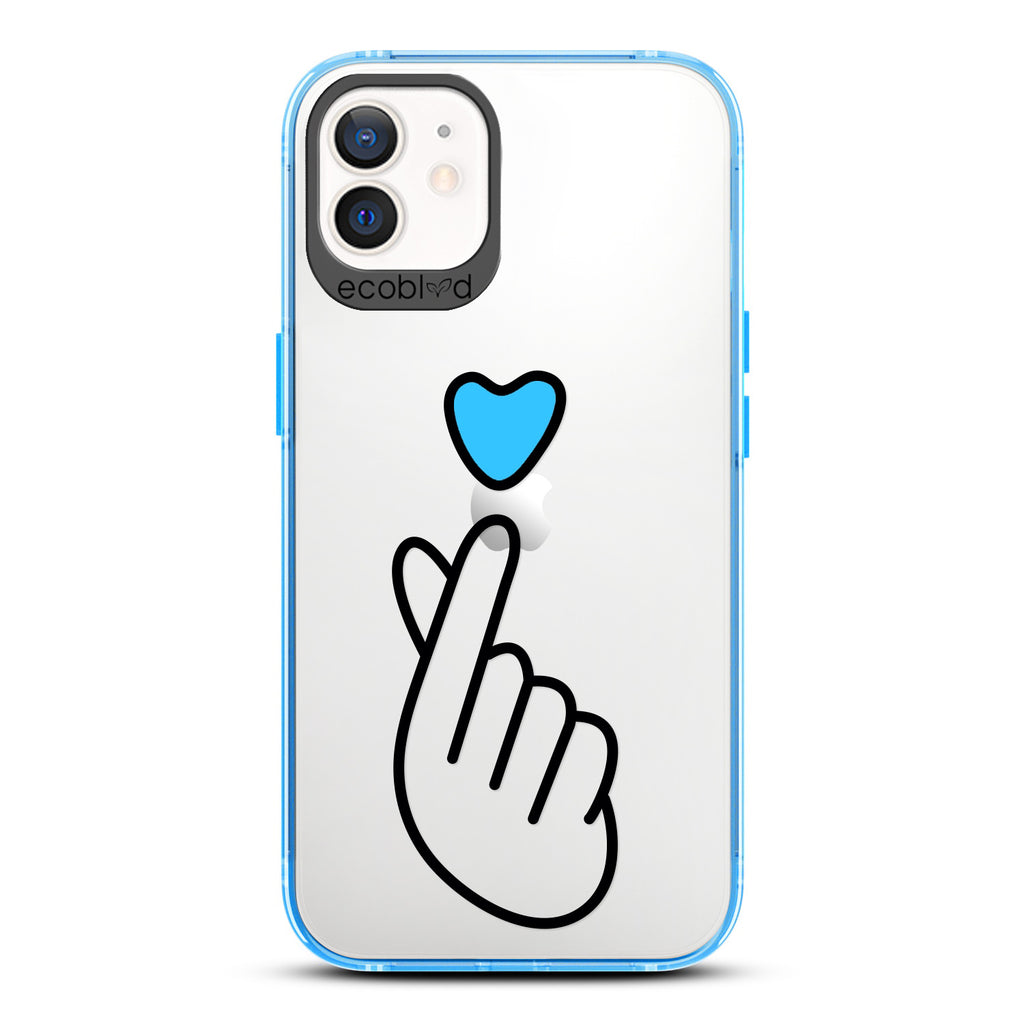 Love Collection - Blue iPhone 12 / 12 Pro Case - Blue Heart Above Hand With Index Finger & Thumb Crossed On Clear Back