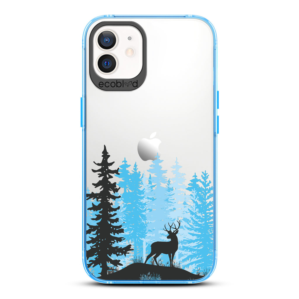 Winter Collection - Blue Compostable iPhone 12 & 12 Pro Case - Wild Stag Standing On Boulder In The Woods On Clear Back