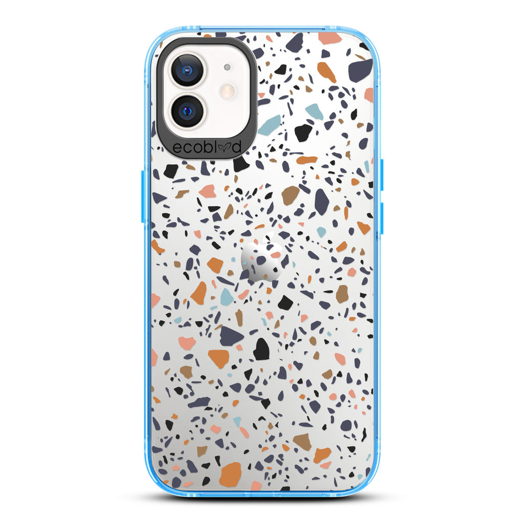 Timeless Collection - Blue Laguna Compostable iPhone 12 / 12 Pro Case With A Speckled Terrazzo Pattern On A Clear Back
