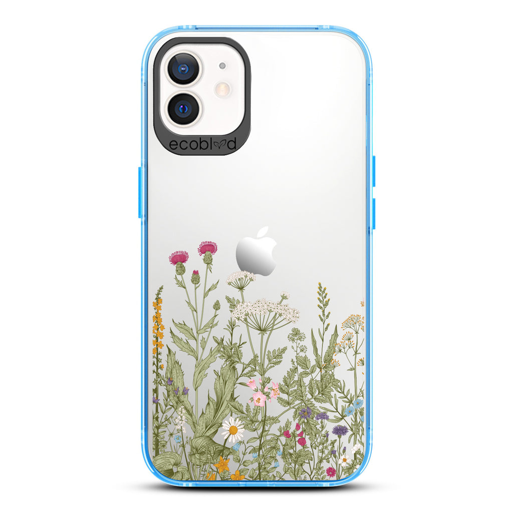 Spring Collection - Blue Compostable iPhone 12/12 Pro Case - Wild Herbs & Flowers Botanical Herbarium On A Clear Back