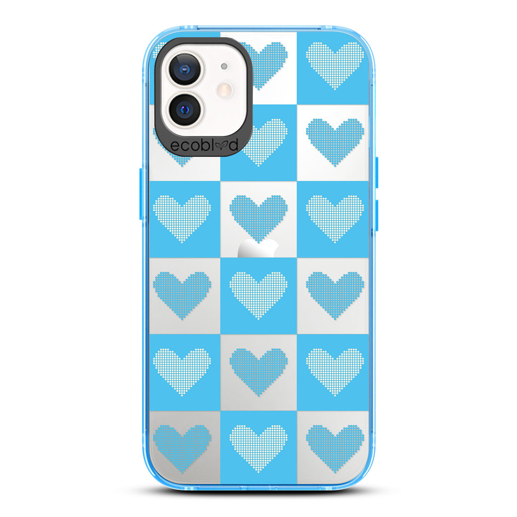 Love Collection - Blue Compostable iPhone 12/12 Pro Case - Blue Checkered Print With Knitted Hearts On A Clear Back