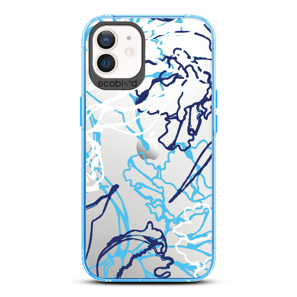 Contemporary Collection - Blue Compostable iPhone 12/12 Pro Case - Minimalist Abstract Lines & Squiggles On Clear Back