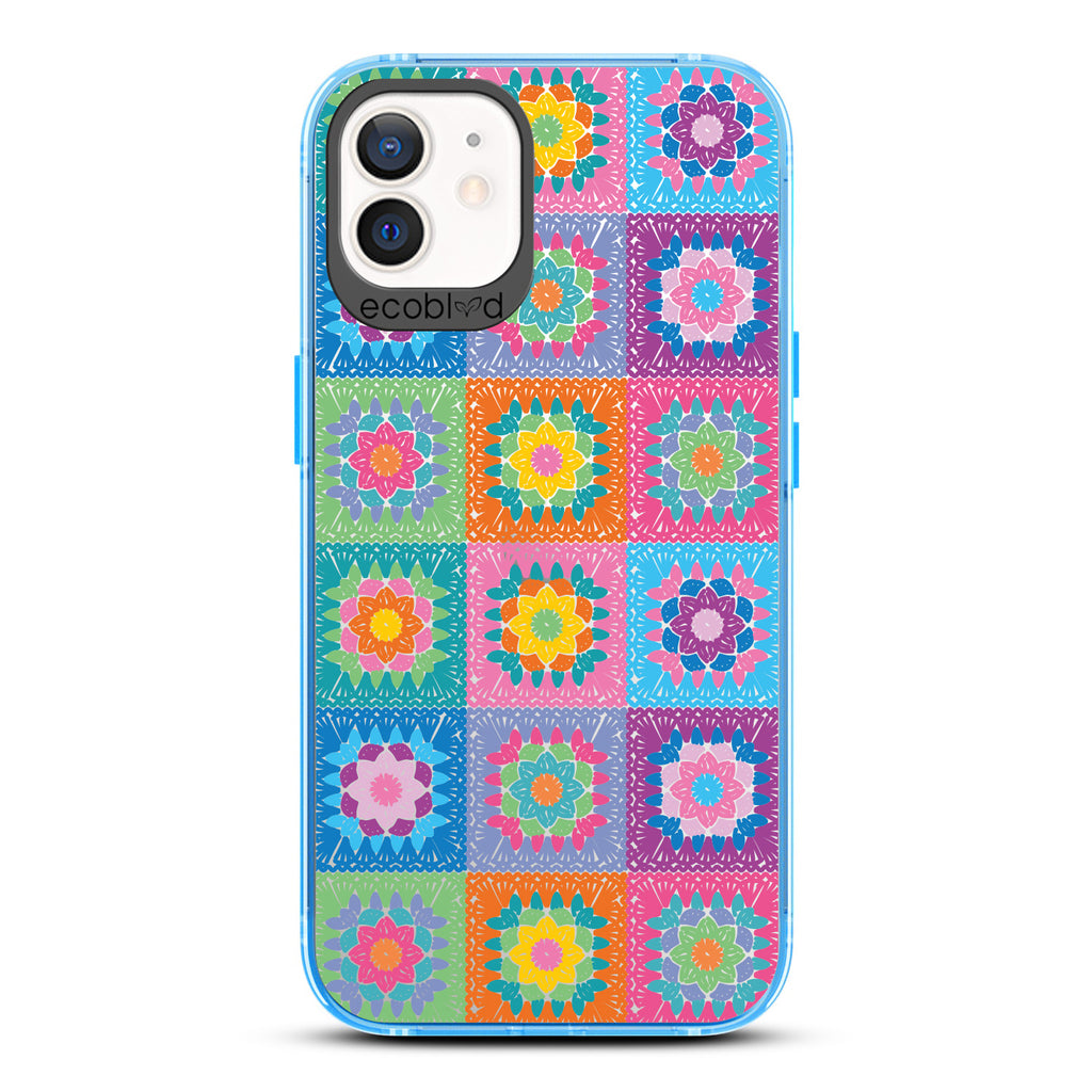 Spring Collection - Blue Compostable iPhone 12/12 Pro Case - Pastel Vintage Granny Squares Crochet Pattern On A Clear Back
