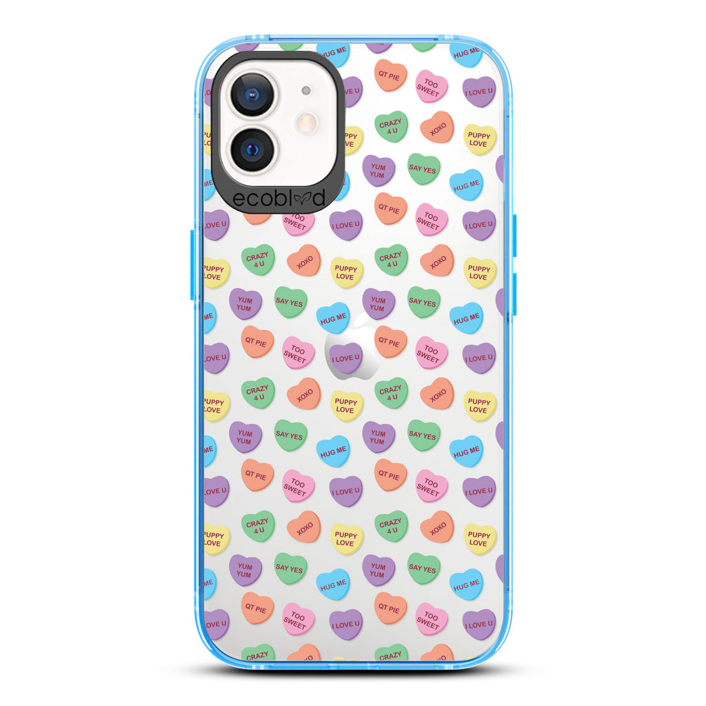 Love Collection - Blue Compostable iPhone 12 / 12 Pro Case - Pastel Colored Candy Hearts With Romantic Quotes On Clear Back