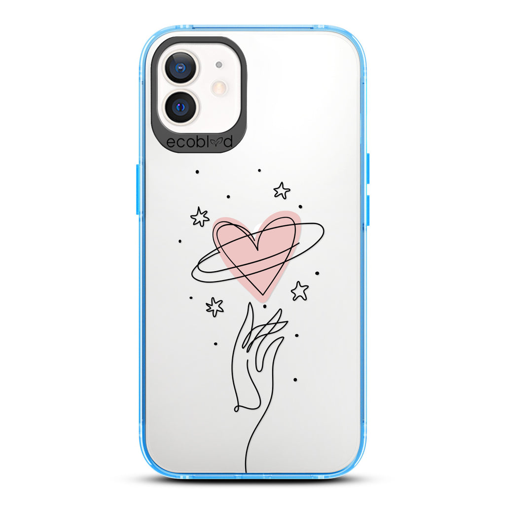 Love Collection - Blue Compostable iPhone 12 / 12 Pro Case - Line Art Hand Reaching Out For Pink Heart, Stars On Clear Back