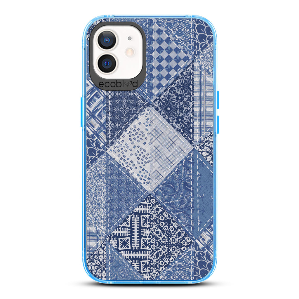 Spring Collection - Blue Compostable iPhone 12/12 Pro Case - Patchwork Blue Denim With Paisley Patches On A Clear Back