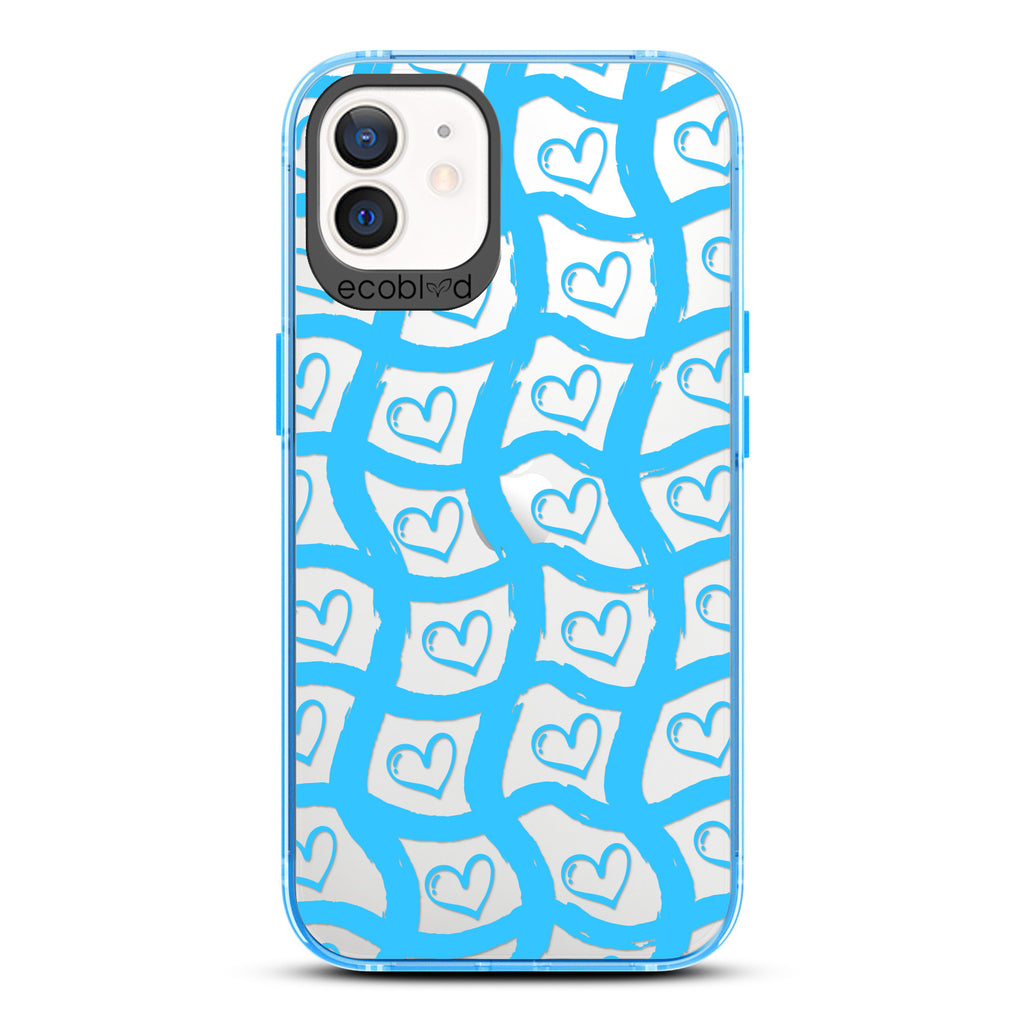 Love Collection - Blue Compostable iPhone 12/12 Pro Case - Wavy Paint Stroke Checker Print With Hearts On A Clear Back