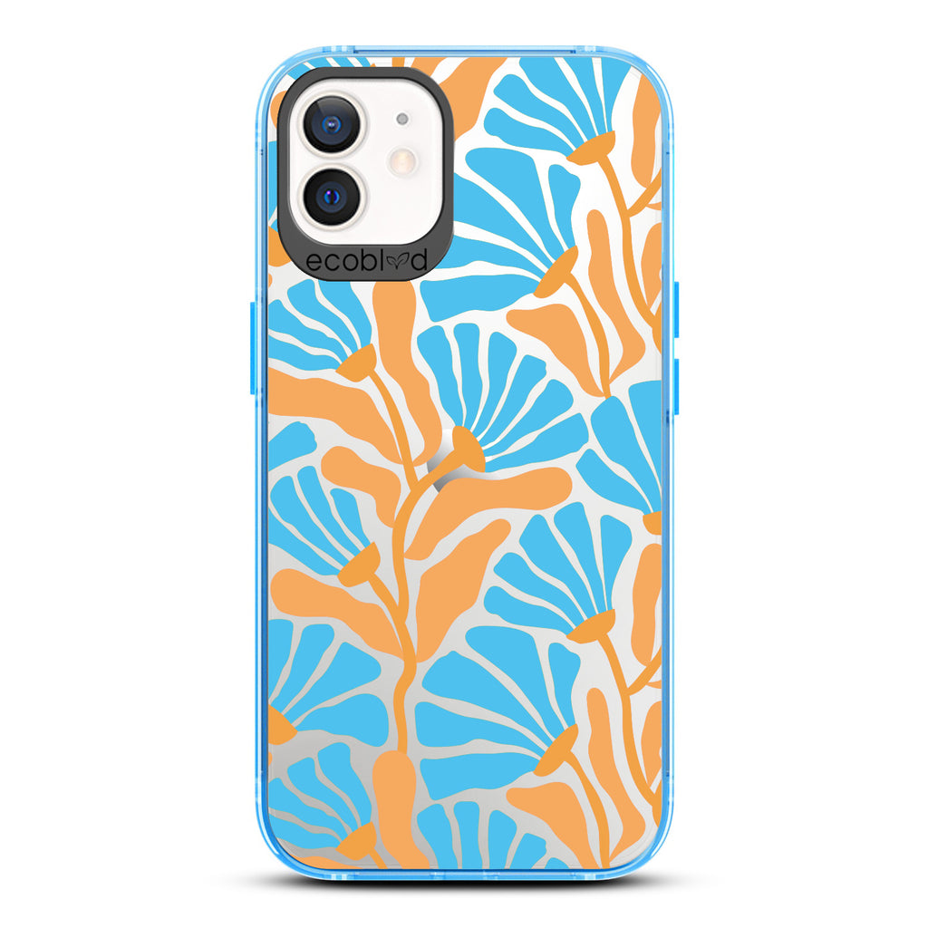 Spring Collection - Blue Compostable iPhone 12/12 Pro Case - Tropical Flowers With Tan Base & Blue Petals On A Clear Back