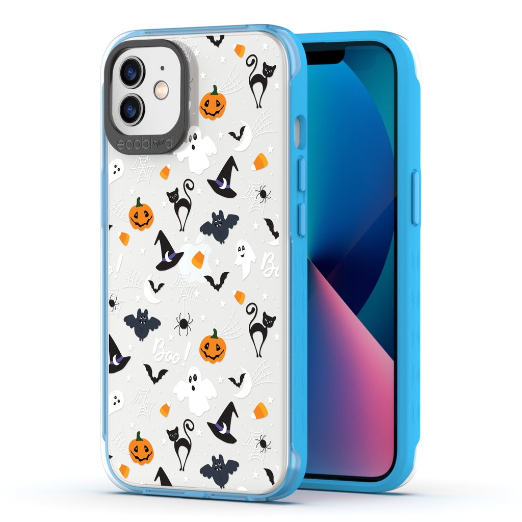 Back View Of Blue Laguna Halloween iPhone 12 / 12 Pro Case With The Trick R' Treat Ya Self Design & Front View Of The Screen