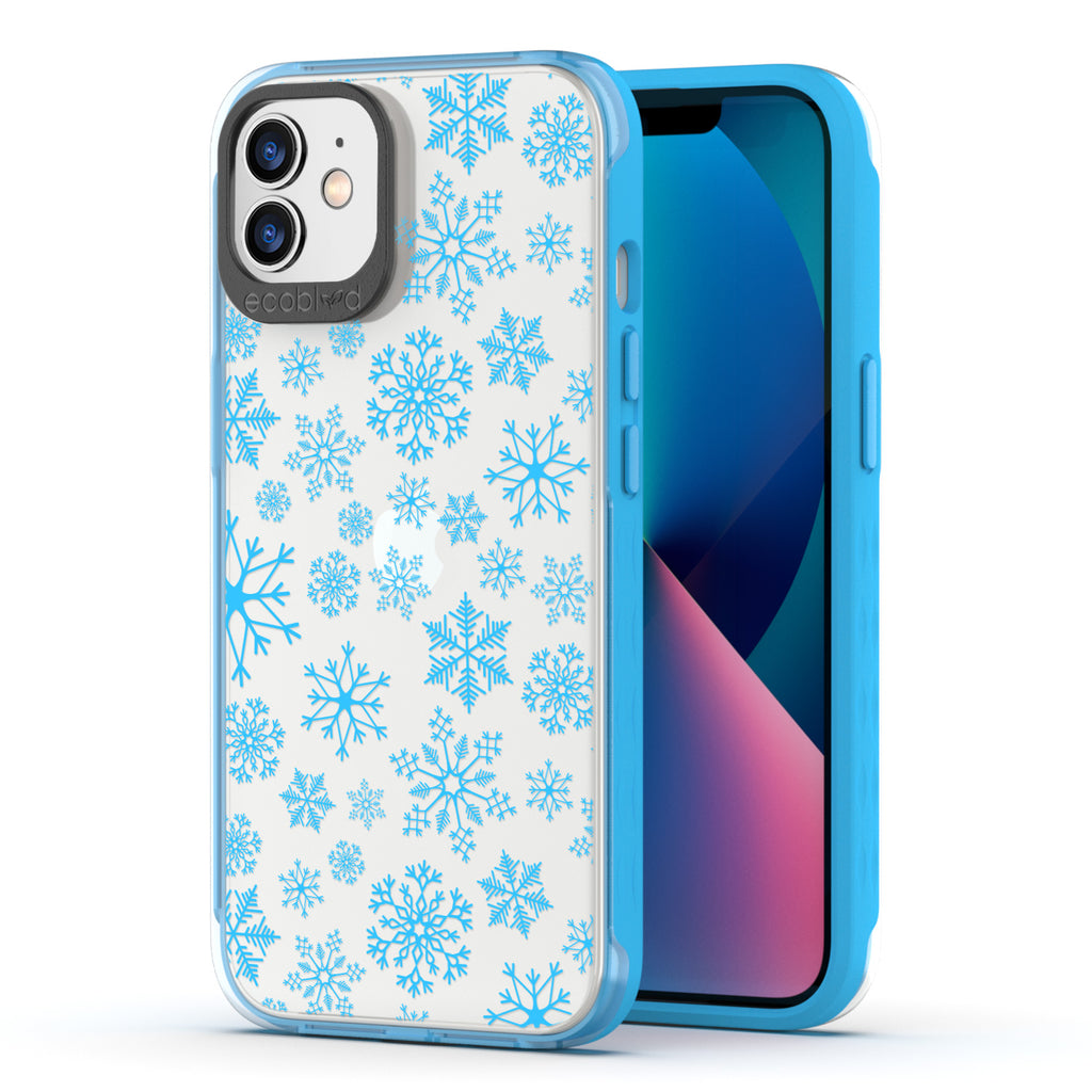 Back View Of Eco-Friendly Blue Phone 12 / 12 Pro Winter Laguna Case With The Let It Snow Design & Front View Of The Screen