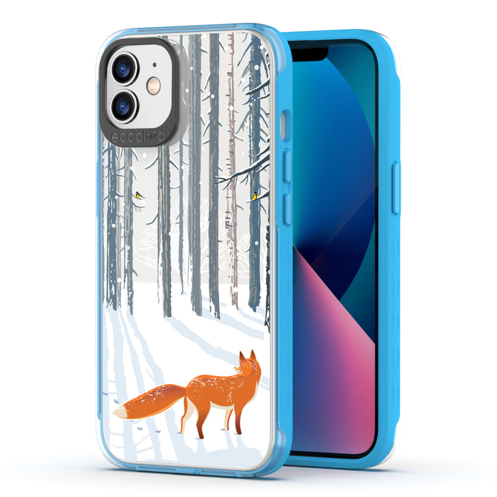 Back View Of Blue Compostable iPhone 12 / 12 Pro Clear Case With The Fox Trot In The Snow Design & Front View Of Screen