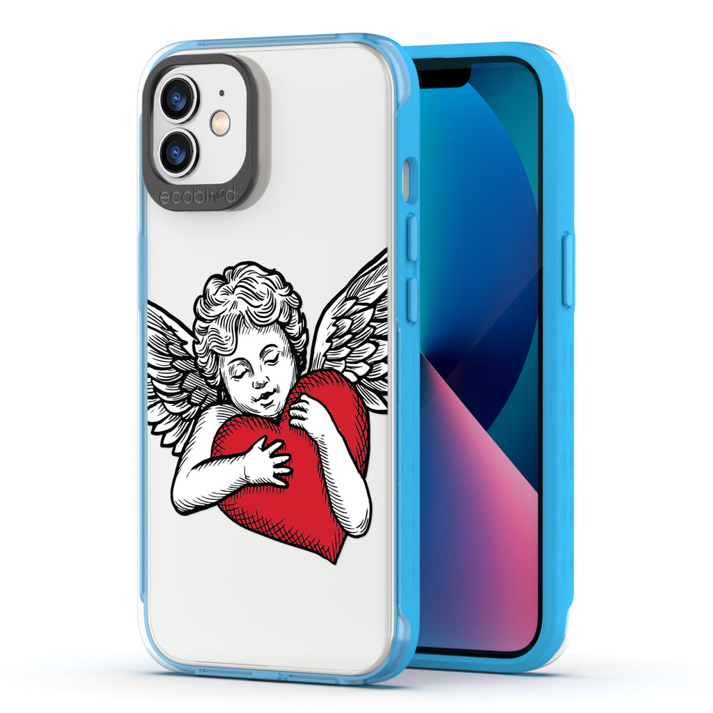 Back View Of Blue Eco-Friendly iPhone 12 / 12 Pro Clear Case With The Cupid Design & Front View Of Screen