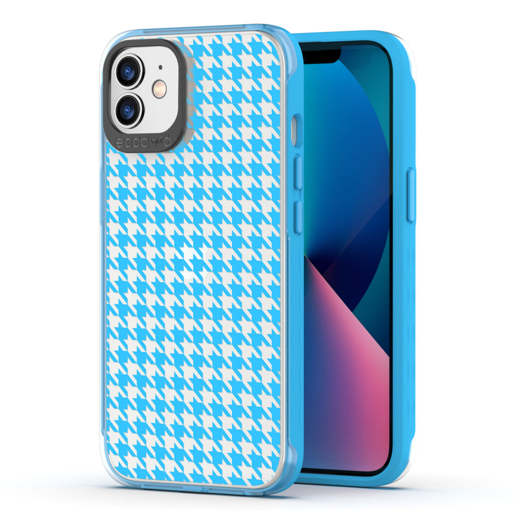 Back View Of Blue Eco-Friendly iPhone 12 / 12 Pro Timeless Laguna Case With Houndstooth Design & Front View Of The Screen