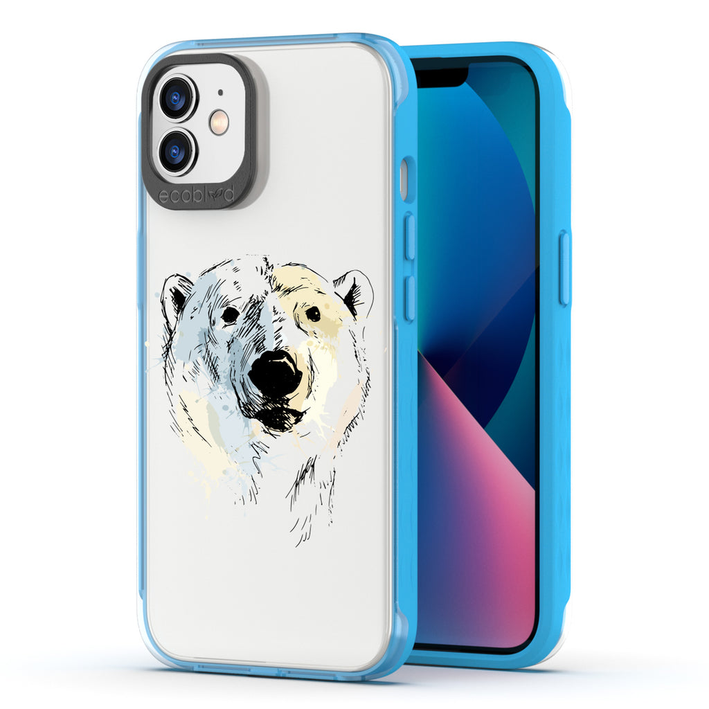 Back View Of Blue Eco-Friendly iPhone 12 & 12 Pro Clear Case With The Polar Bear Design & Front View Of Screen