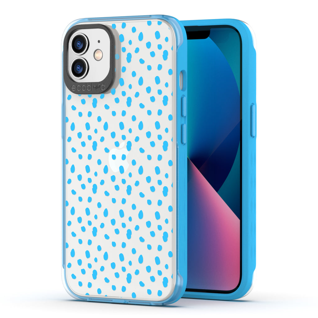 Back View Of Blue Eco-Friendly iPhone 12 / 12 Pro Timeless Laguna Case With On The Dot Design & Front View Of The Screen