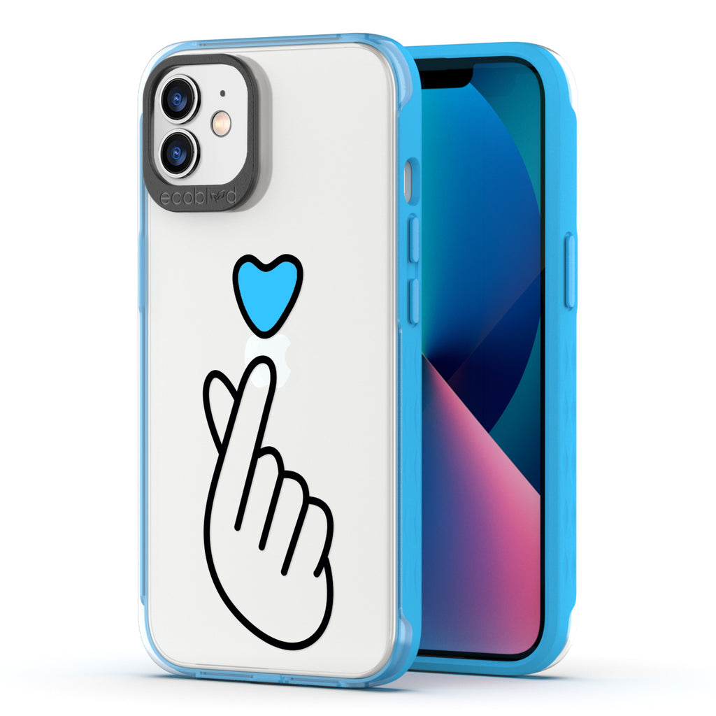 Back View Of Blue Eco-Friendly iPhone 12 / 12 Pro Clear Case With The Finger Heart Design & Front View Of Screen