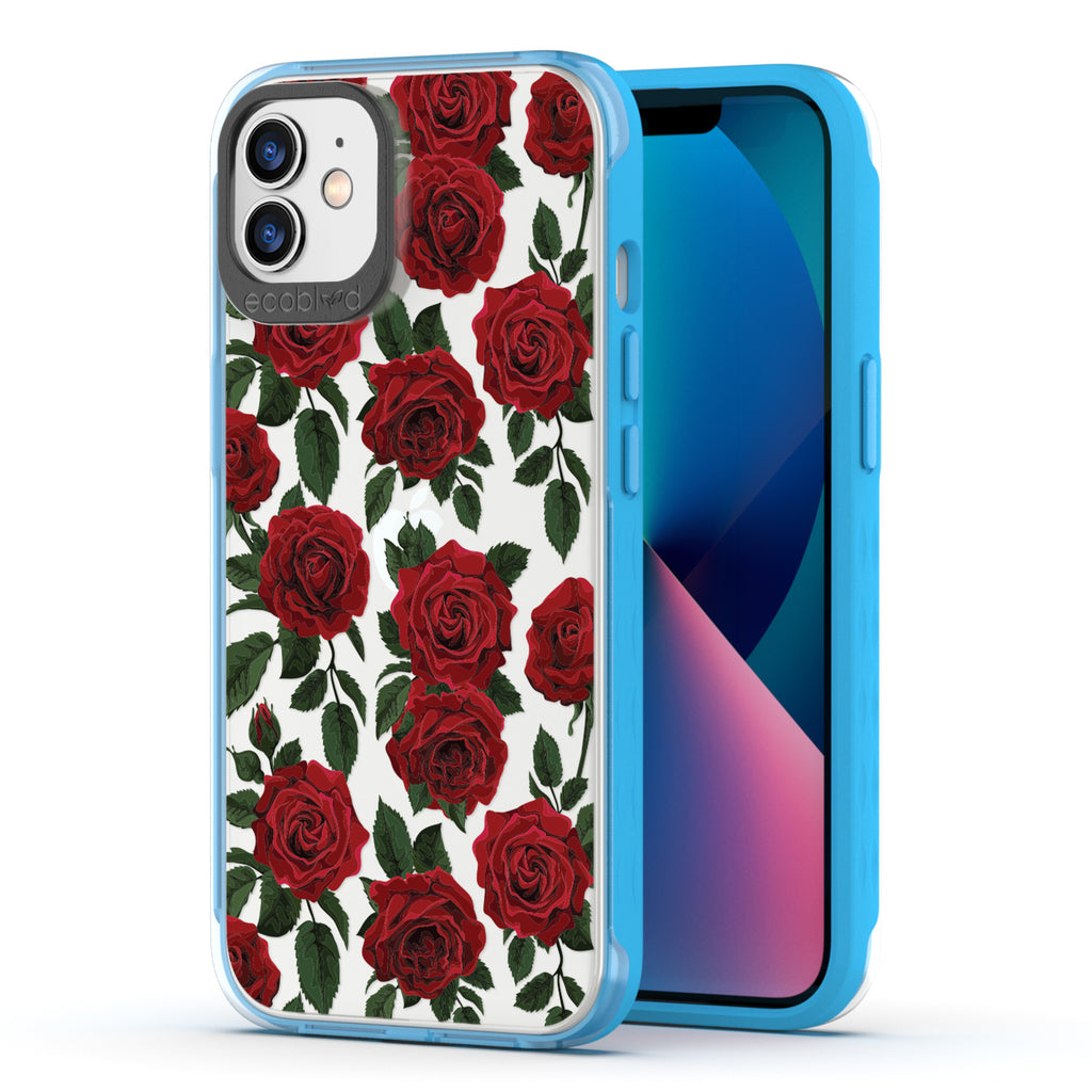 Back View Of Blue Eco-Friendly iPhone 12 / 12 Pro Clear Case With The Smell The Roses Design & Front View Of Screen