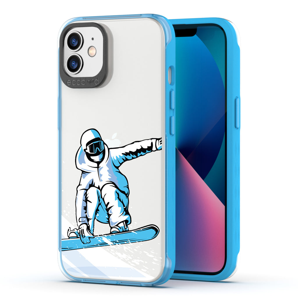 Back View Of Blue Compostable iPhone 12 & 12 Pro Clear Case With The Shreddin' The Gnar Design & Front View Of Screen