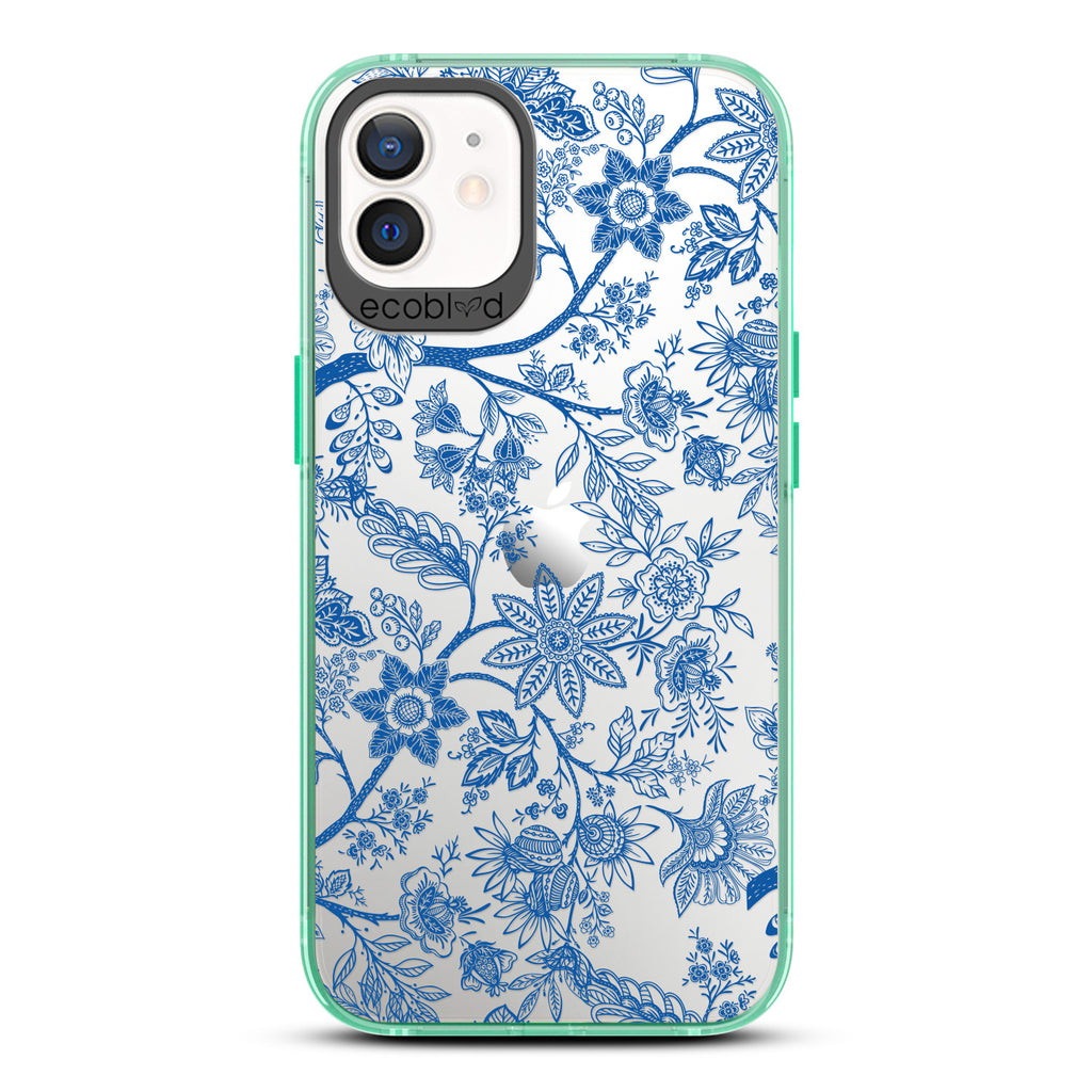 Timeless Collection - Green Laguna Compostable iPhone 12 / 12 Pro Case With Toile De Jouy Floral Pattern On A Clear Back
