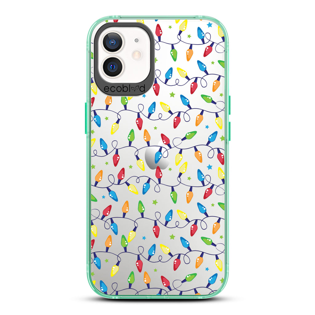 Winter Collection - Green Compostable Laguna iPhone 12 / 12 Pro Case With Colorful Christmas Lights & Stars On A Clear Back