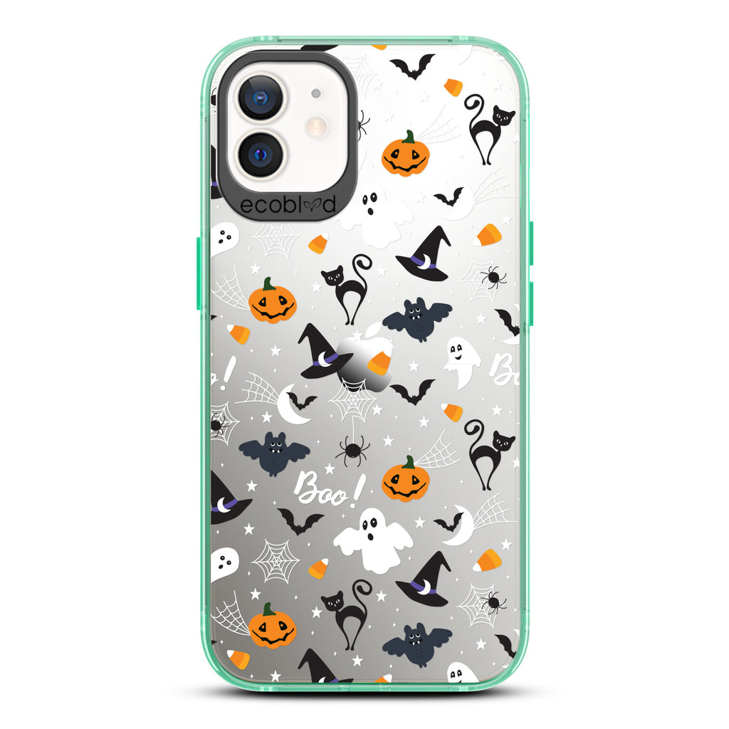 Halloween Collection - Green Laguna iPhone 12 / 12 Pro Case With Spiders, Ghosts & Other Spooky Characters On A Clear Back