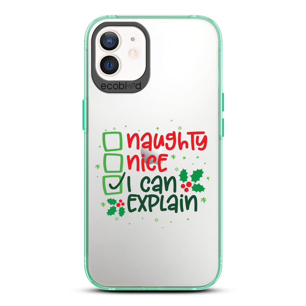 Winter Collection - Green Laguna iPhone 12 / 12 Pro Case With Naughty, Nice & I Can Explain Checklist On A Clear Back