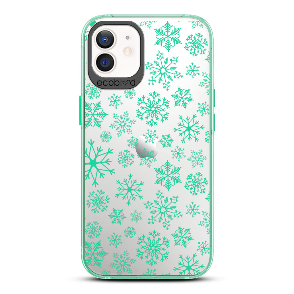 Winter Collection - Green Eco-Friendly Laguna iPhone 12 / 12 Pro Case With A Snowflake Pattern On A Clear Back