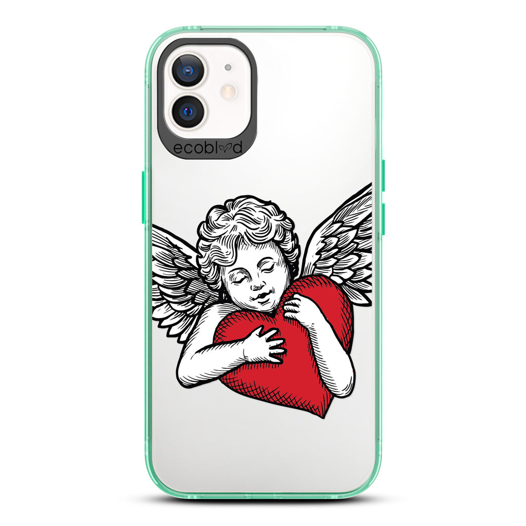 Love Collection - Green Compostable iPhone 12 / 12 Pro Case - Black & Grey Tattoo Style Cupid Holding Red Heart On Clear Back