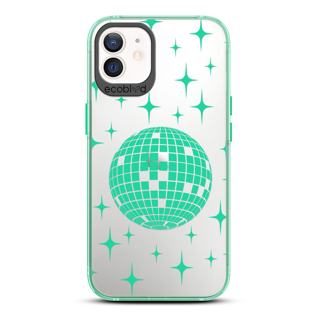Winter Collection - Green Eco-Friendly iPhone 12 & 12 Pro Case - A Mirror Ball Shines With Stars On A Clear Back