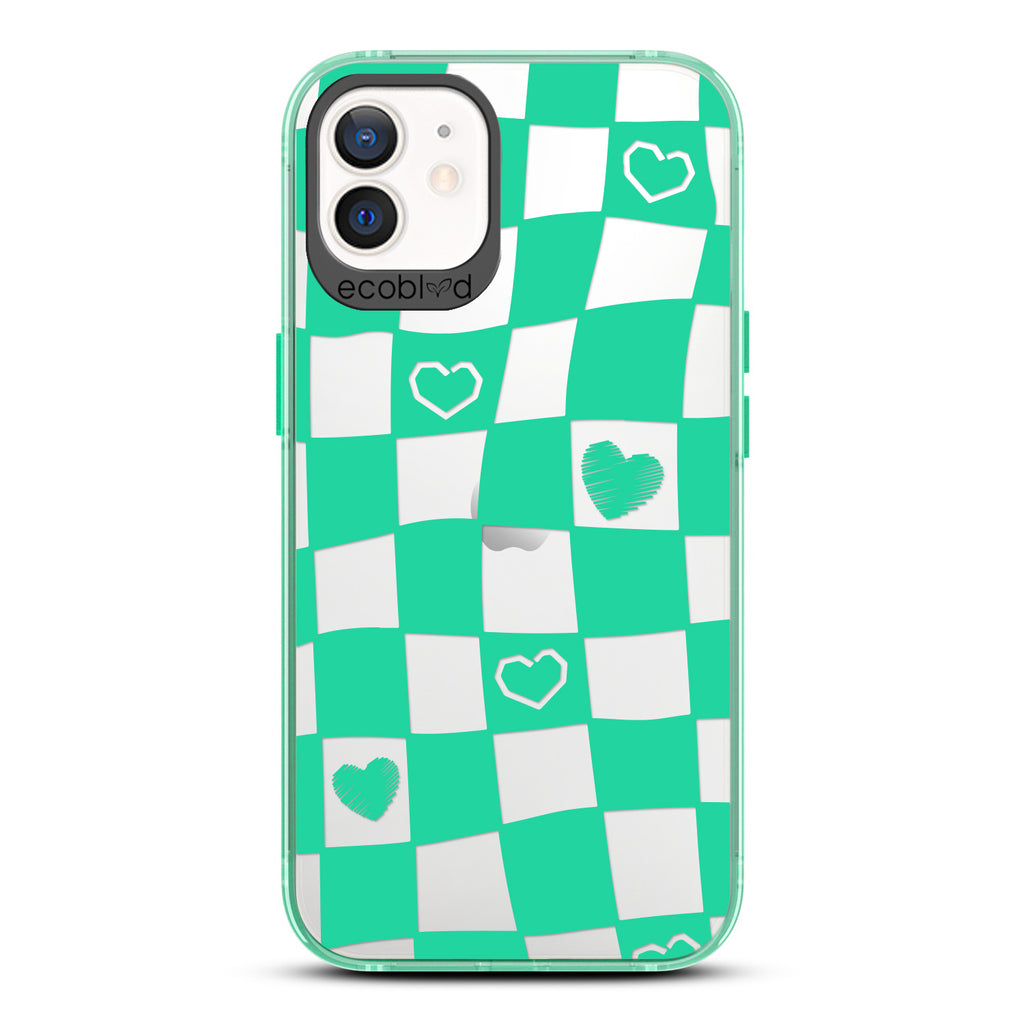 Love Collection - Green Compostable iPhone 12/12 Pro Case - Wavy Checkered Print & Scribbled Hearts On A Clear Back
