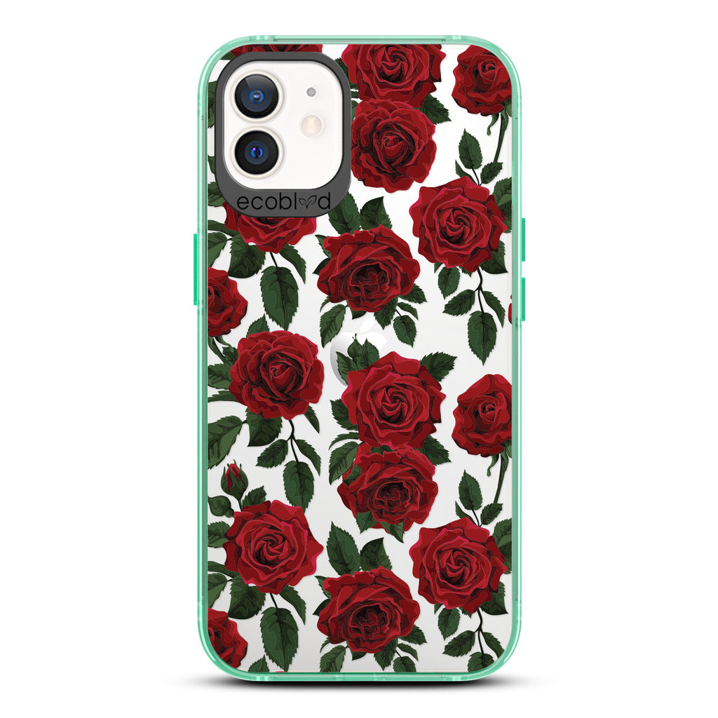 Love Collection - Green Compostable iPhone 12 / 12 Pro Case - Red Roses & Leaves On A Clear Back