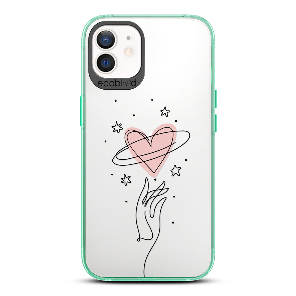 Love Collection - Green Compostable iPhone 12 / 12 Pro Case - Line Art Hand Reaching Out For Pink Heart, Stars On Clear Back