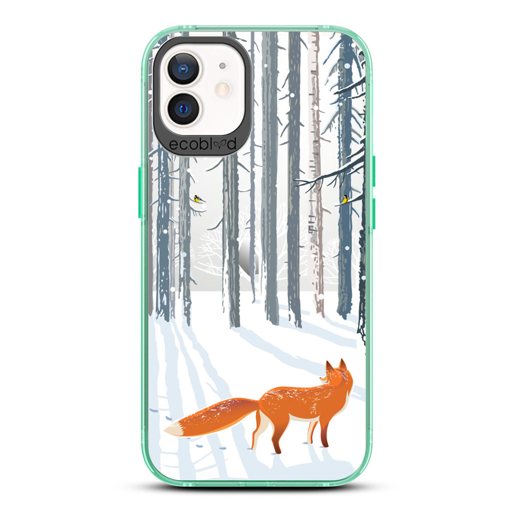 Winter Collection - Green Eco-Friendly iPhone 12 / 12 Pro Case - Orange Fox Trails Pawprints In Snowy Woods On A Clear Back