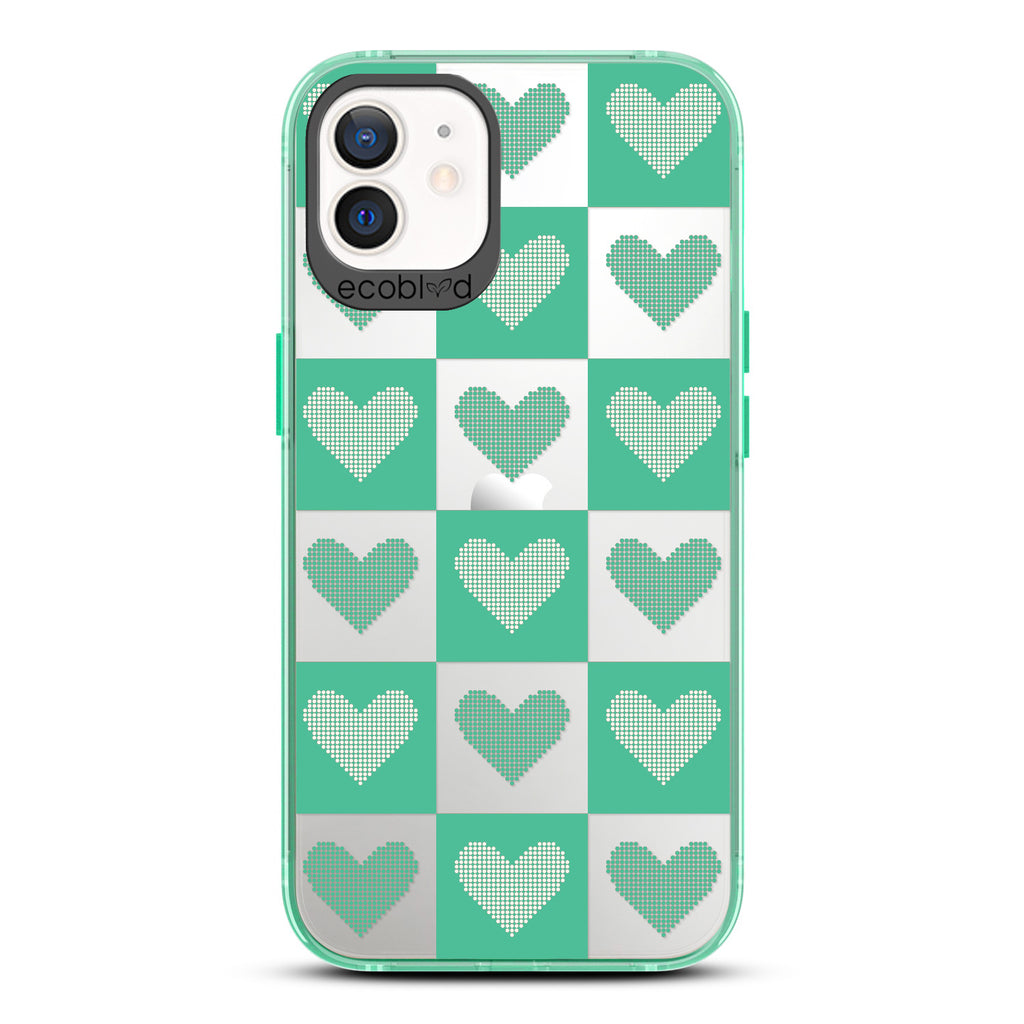 Love Collection - Green Compostable iPhone 12/12 Pro Case - Green Checkered Print With Knitted Hearts On A Clear Back