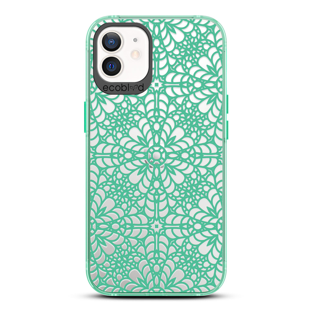 Spring Collection - Green Compostable iPhone 12/12 Pro Case - Intricate Lace Tapestry Pattern On A Clear Back